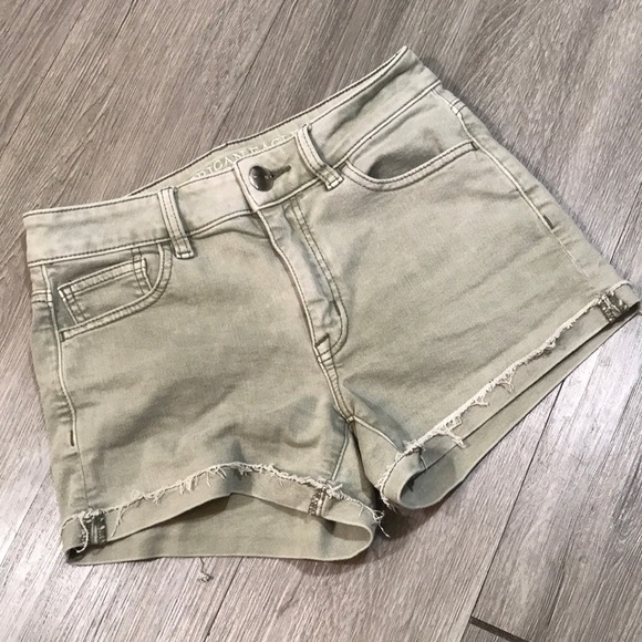 American Eagle “Hi-Rise Shortie” Light Olive Green Distressed Denim Shorts - Picture 1 of 7